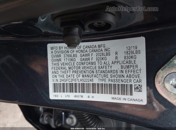 2HGFC2F67LH522246 2020 HONDA CIVIC Gray Вид підкапотного простору