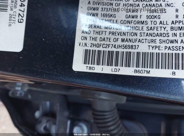 2HGFC2F74JH569837 2018 HONDA CIVIC Black Vista del compartimento del motor