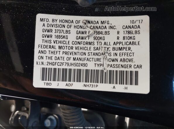 2HGFC2F79JH502490 2018 HONDA CIVIC Черный Вид подкапотного пространства