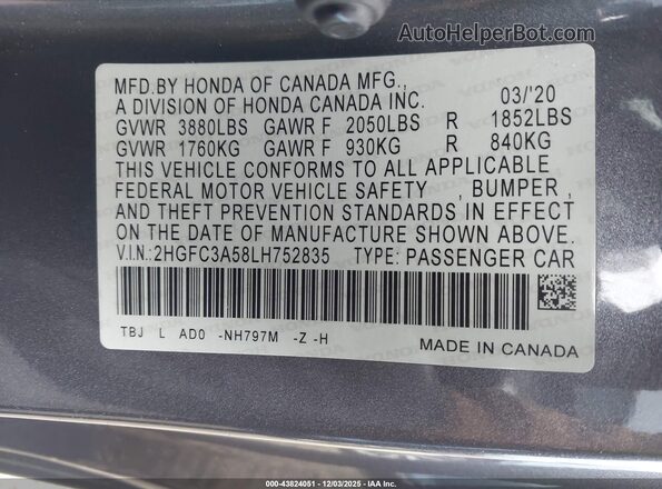 2HGFC3A58LH752835 2020 HONDA CIVIC SI Серый Вид подкапотного пространства