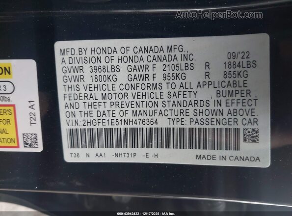 2HGFE1E51NH476364 2022 HONDA CIVIC SI Черный Вид подкапотного пространства