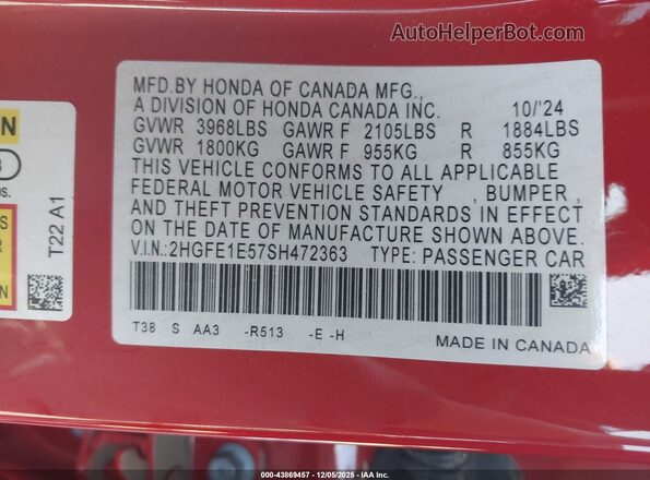 2HGFE1E57SH472363 2025 HONDA CIVIC SI Красный Вид подкапотного пространства