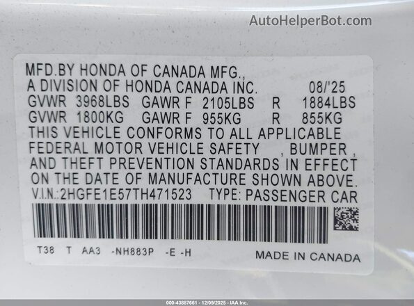 2HGFE1E57TH471523 2026 HONDA CIVIC SI White Vista del compartimento del motor