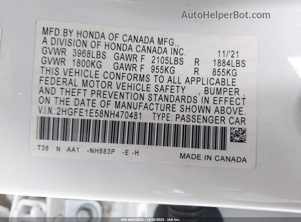 2HGFE1E58NH470481 2022 HONDA CIVIC SI Белый Вид подкапотного пространства