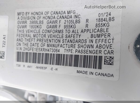 2HGFE1E5XRH473064 2024 HONDA CIVIC SI Белый Вид подкапотного пространства