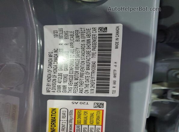 2HGFE1F77RH308640 2024 HONDA CIVIC Gray Widok naklejki z numerem VIN