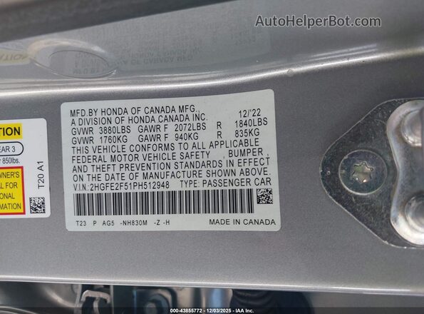 2HGFE2F51PH512948 2023 HONDA CIVIC Silver Widok komory silnika
