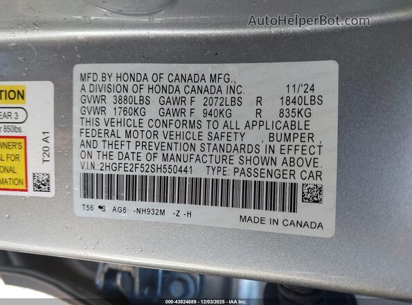 2HGFE2F52SH550441 2025 HONDA CIVIC Silver Widok komory silnika