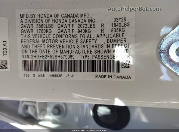 2HGFE2F52SH579969 2025 HONDA CIVIC White ძრავის განყოფილების ხედი