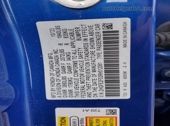 2HGFE2F53RH512081 2024 HONDA CIVIC Blue Widok komory silnika