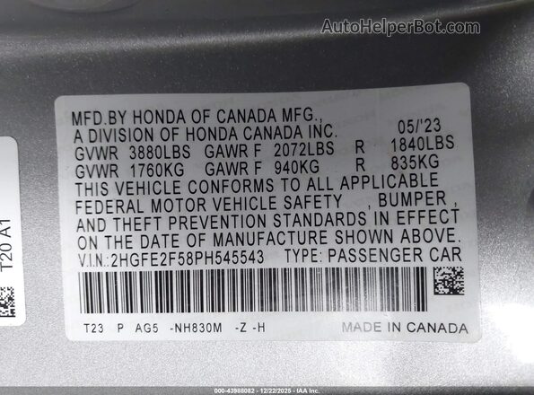 2HGFE2F58PH545543 2023 HONDA CIVIC Gray Widok komory silnika