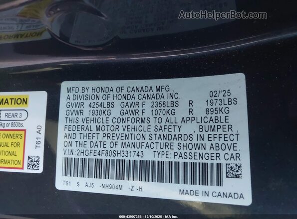 2HGFE4F80SH331743 2025 HONDA CIVIC HYBRID Black Widok komory silnika