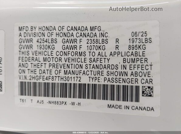 2HGFE4F87TH301172 2026 HONDA CIVIC HYBRID White ძრავის განყოფილების ხედი