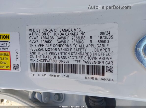 2HGFE4F88SH304855 2025 HONDA CIVIC HYBRID Белый Вид подкапотного пространства