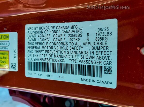 2HGFE4F88TH309233 2026 HONDA CIVIC Red VIN კოდის სტიკერის ხედი