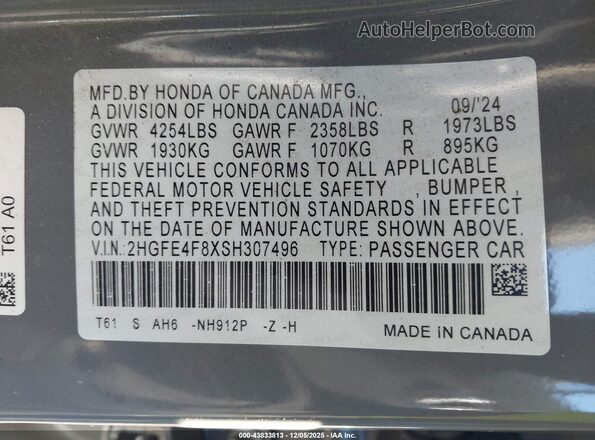 2HGFE4F8XSH307496 2025 HONDA CIVIC HYBRID Серый Вид подкапотного пространства