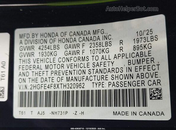 2HGFE4F8XTH320962 2026 HONDA CIVIC HYBRID Black Շարժիչի բաժամունքի տեսք