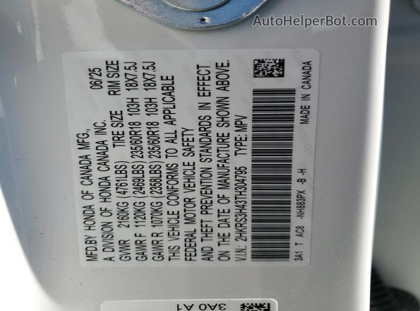 2HKRS3H43TH304795 2026 HONDA CR-V White Вид наклейки з VIN-кодом