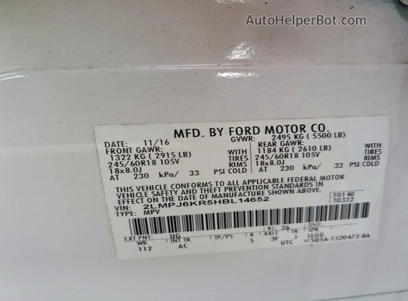 2LMPJ6KR5HBL14652 2017 LINCOLN MKX Белый Вид наклейки с VIN-кодом