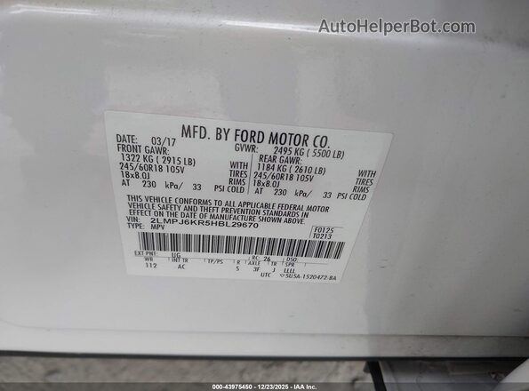 2LMPJ6KR5HBL29670 2017 LINCOLN MKX Белый Вид подкапотного пространства