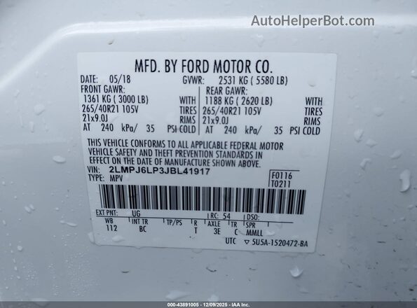 2LMPJ6LP3JBL41917 2018 LINCOLN MKX White ძრავის განყოფილების ხედი
