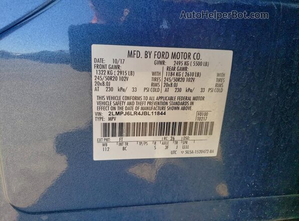 2LMPJ6LR4JBL11844 2018 LINCOLN MKX Синий Вид наклейки с VIN-кодом