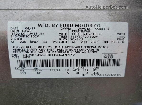 2LMPJ6LR5HBL34477 2017 LINCOLN MKX Tan Widok naklejki z numerem VIN