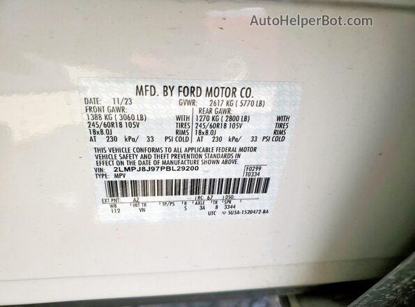 2LMPJ8J97PBL29200 2023 LINCOLN NAUTILUS White VIN sticker view