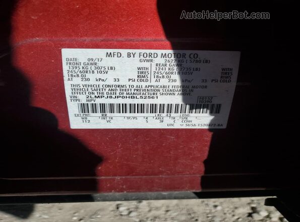 2LMPJ8JP0HBL52561 2017 LINCOLN MKX Красный Вид наклейки с VIN-кодом