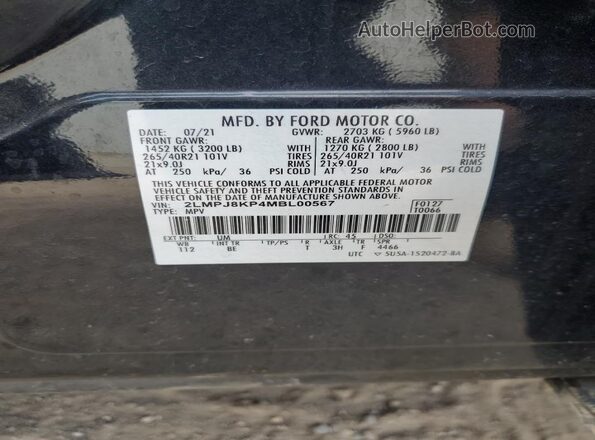 2LMPJ8KP4MBL00567 2021 LINCOLN NAUTILUS Black Widok naklejki z numerem VIN
