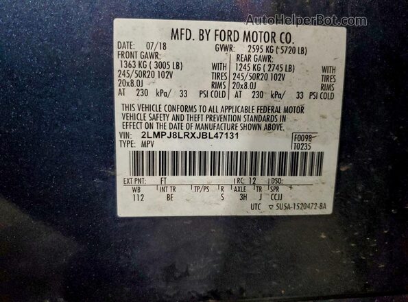 2LMPJ8LRXJBL47131 2018 LINCOLN MKX Blue Vista de la etiqueta del VIN