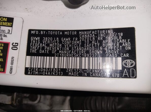 2T1BURHE5KC189237 2019 TOYOTA LL White Widok komory silnika