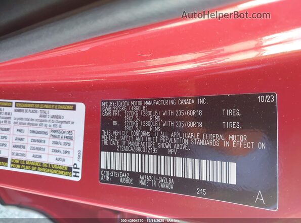 2T2ADCAZ8RC012192 2024 LEXUS NX 250 Red Вид підкапотного простору