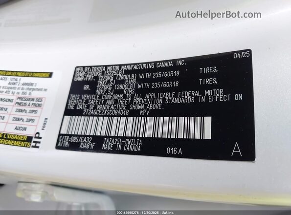 2T2AGCEZXSC084048 2025 LEXUS NX 350 White VIN կոդի պիտակի տեսք