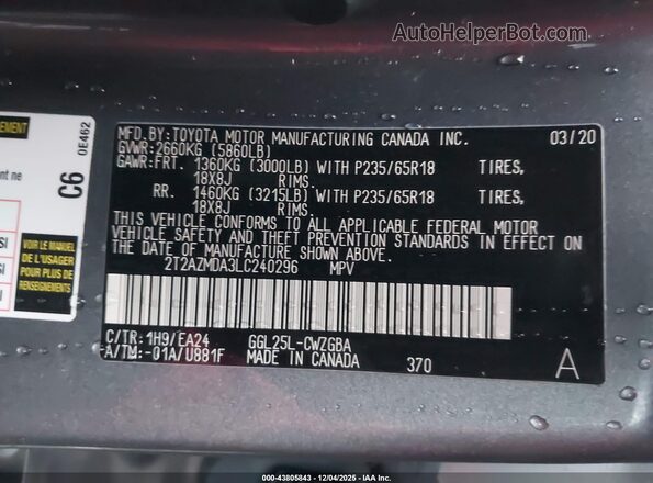 2T2AZMDA3LC240296 2020 LEXUS RX 350 Gray Vista del compartimento del motor