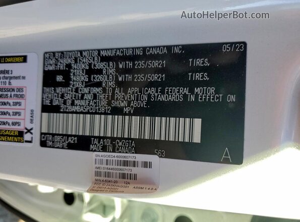 2T2BAMBA5PC013812 2023 LEXUS RX White Vista de la etiqueta del VIN