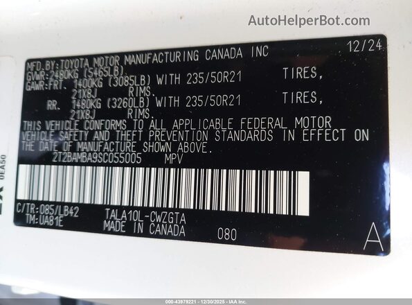 2T2BAMBA9SC055005 2025 LEXUS RX 350 White ძრავის განყოფილების ხედი