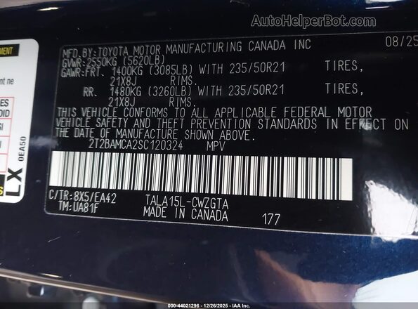 2T2BAMCA2SC120324 2025 LEXUS RX 350 Dark Blue Vista del compartimento del motor