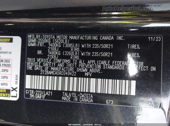 2T2BAMCA5RC049422 2024 LEXUS RX 350 Черный Вид подкапотного пространства