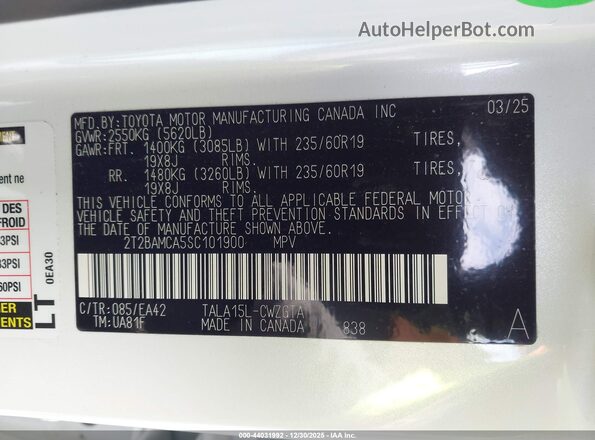 2T2BAMCA5SC101900 2025 LEXUS RX 350 White Շարժիչի բաժամունքի տեսք
