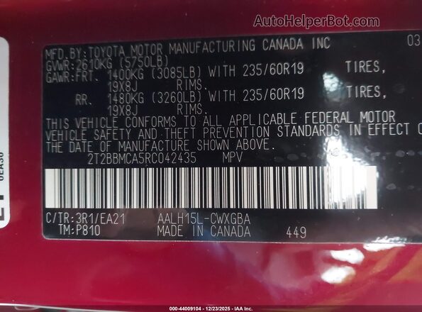 2T2BBMCA5RC042435 2024 LEXUS RX 350H Красный Вид подкапотного пространства
