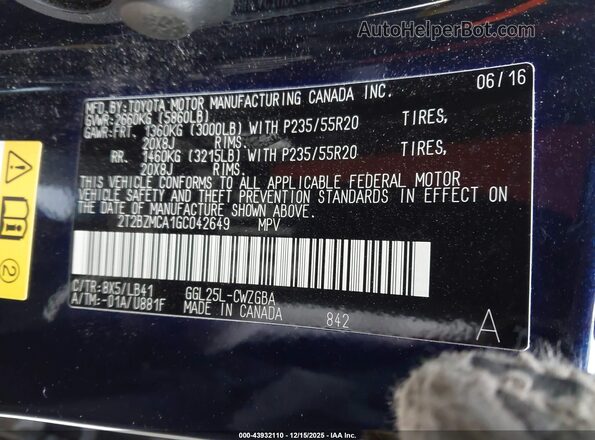 2T2BZMCA1GC042649 2016 LEXUS RX 350 Синий Вид подкапотного пространства