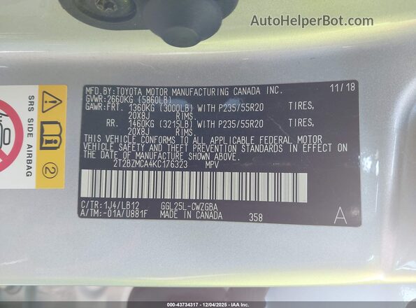 2T2BZMCA4KC176323 2019 LEXUS RX 350 Silver Вид підкапотного простору
