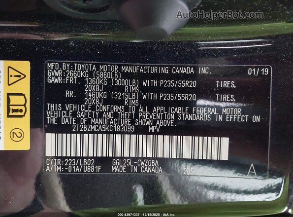 2T2BZMCA5KC183099 2019 LEXUS RX 350 Черный Вид подкапотного пространства