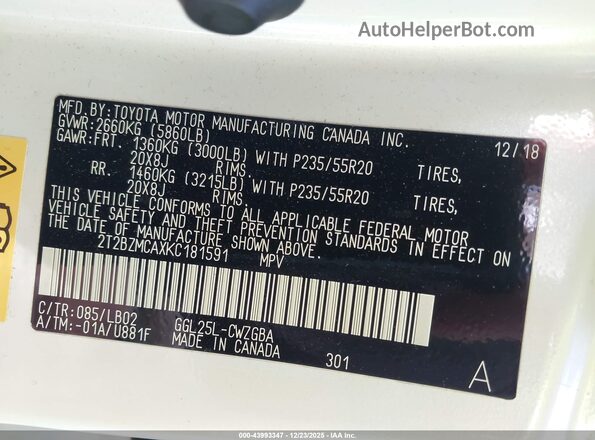 2T2BZMCAXKC181591 2019 LEXUS RX 350 Белый Вид подкапотного пространства
