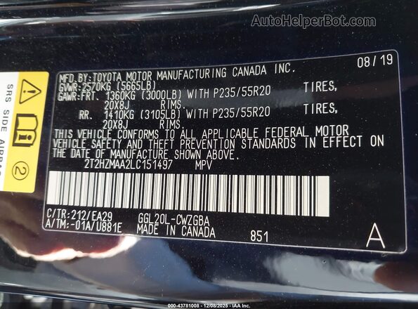 2T2HZMAA2LC151497 2020 LEXUS RX 350 Черный Вид подкапотного пространства