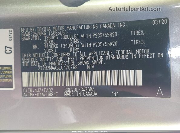 2T2HZMAA3LC170768 2020 LEXUS RX 350 Серебряный Вид подкапотного пространства