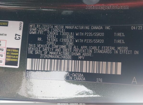 2T2HZMAAXNC244500 2022 LEXUS RX 350 Зеленый Вид подкапотного пространства