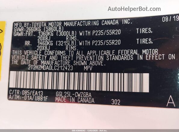 2T2HZMDA0LC212423 2020 LEXUS RX 350 White Widok komory silnika