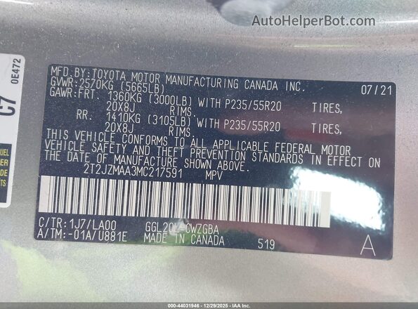 2T2JZMAA3MC217591 2021 LEXUS RX 350 Silver Вид підкапотного простору